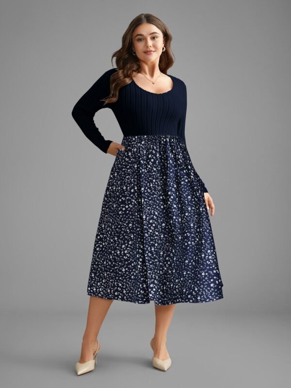 Ditsy Floral Patchwork Texture Midi Dress - Image 9