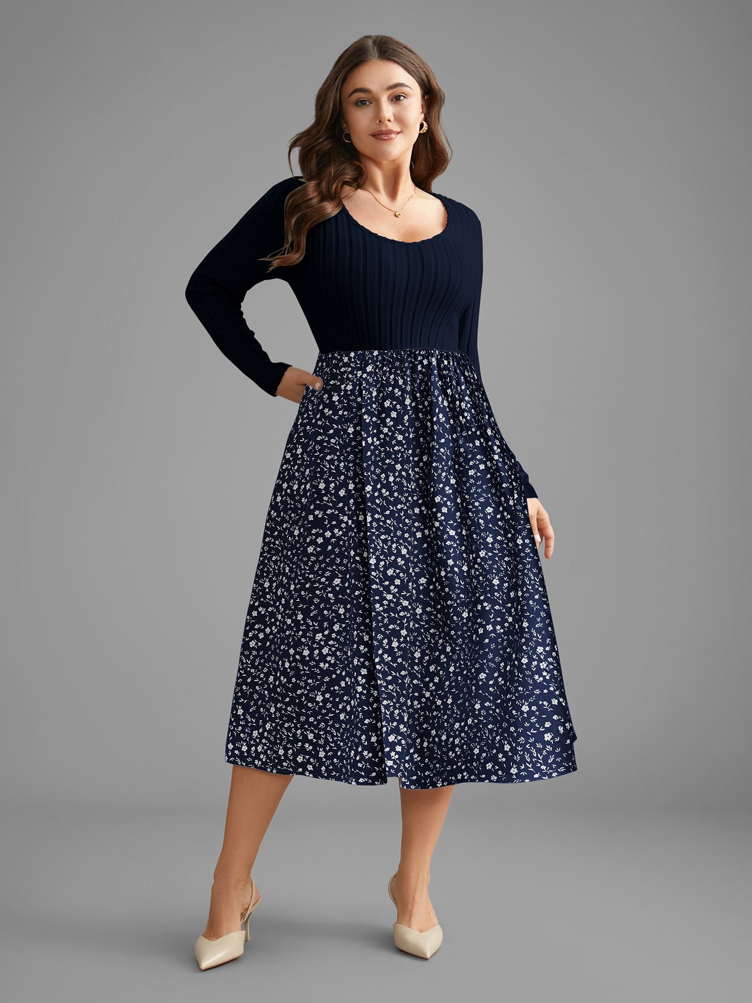 Ditsy Floral Patchwork Texture Midi Dress - Image 9