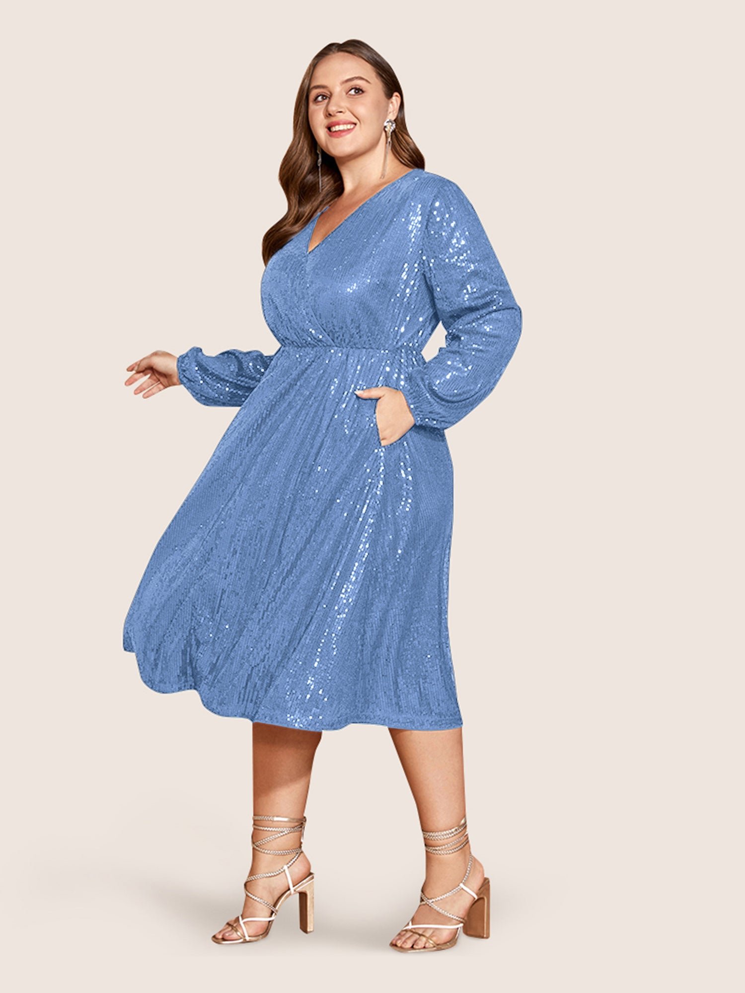 Solid Pocket Lantern Sleeve Wrap Sequin Dress - Image 43