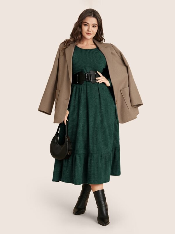 Solid Pocket Rib Knit Ruffle Hem Dress Without Belt - Image 5