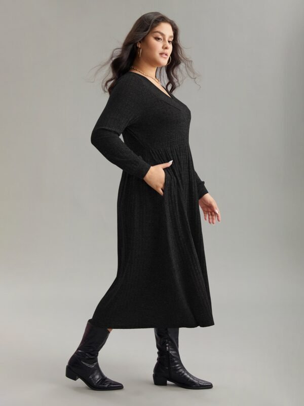 Rib Knit Plain Plisse Long Sleeve Dress - Image 29