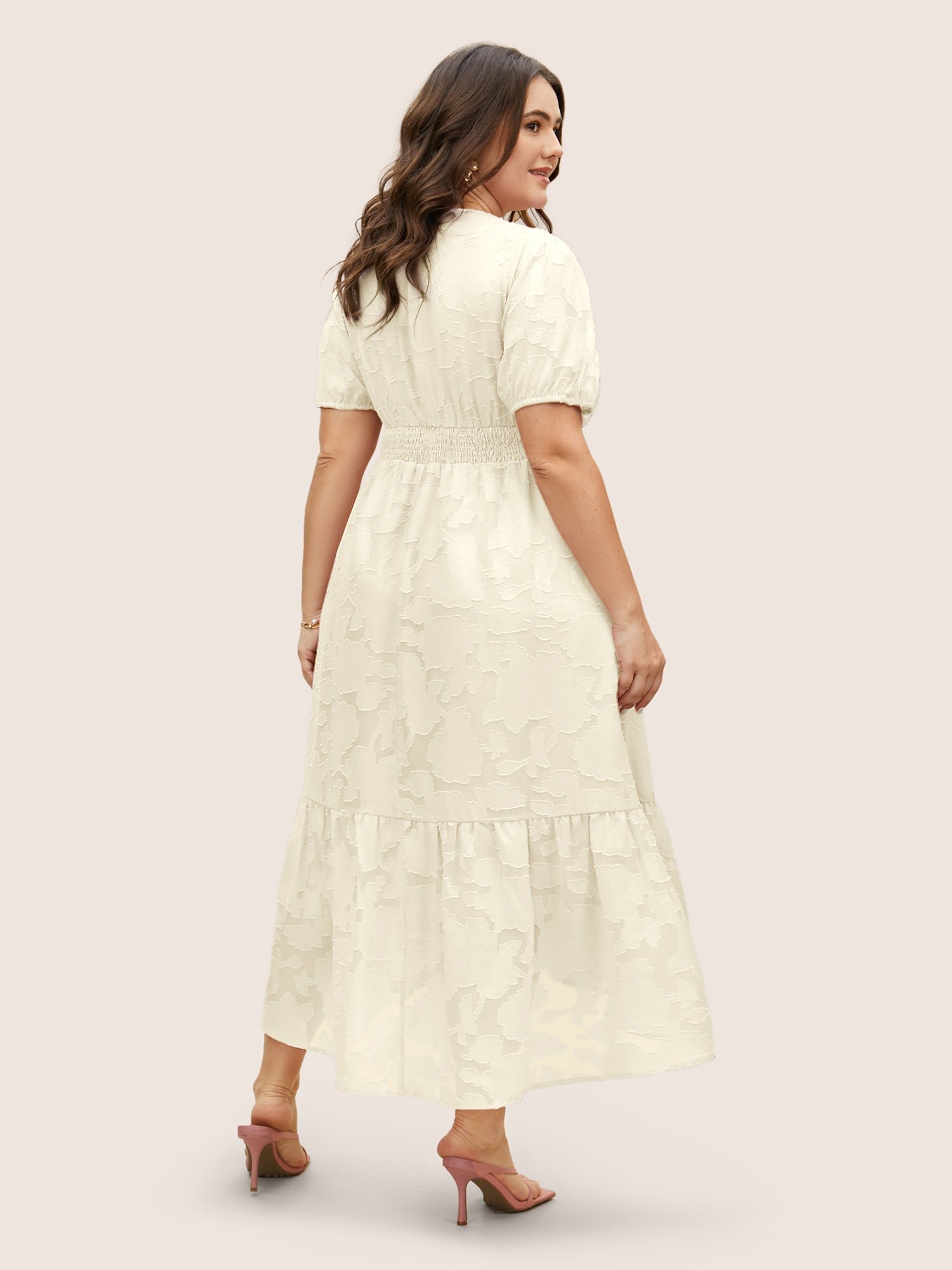 Solid Textured Lantern Sleeve Button Detail Dress - Image 12