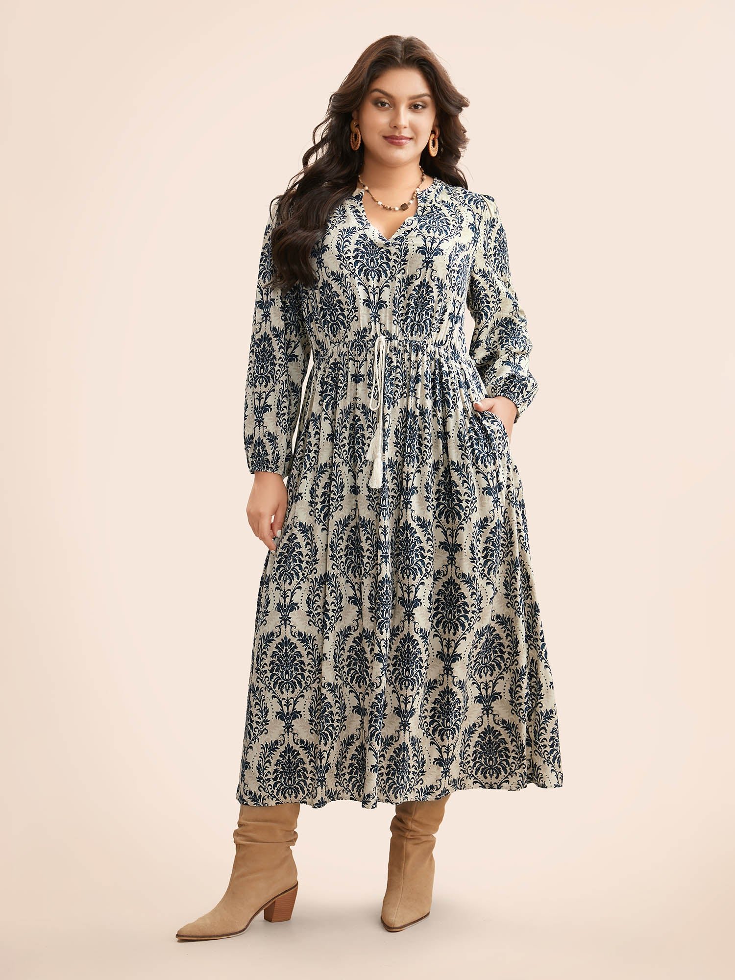 Boho Print Notched Tie Knot Maxi Dress - Image 2