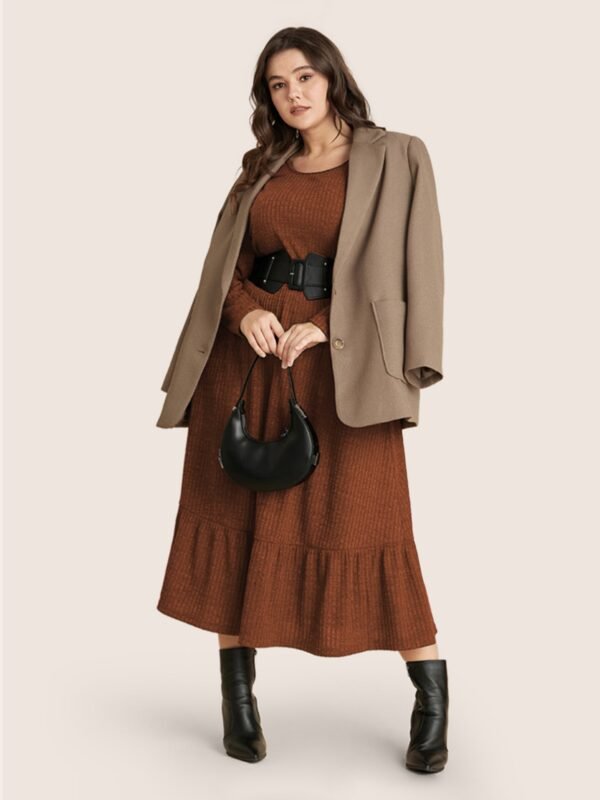 Solid Pocket Rib Knit Ruffle Hem Dress Without Belt - Image 22