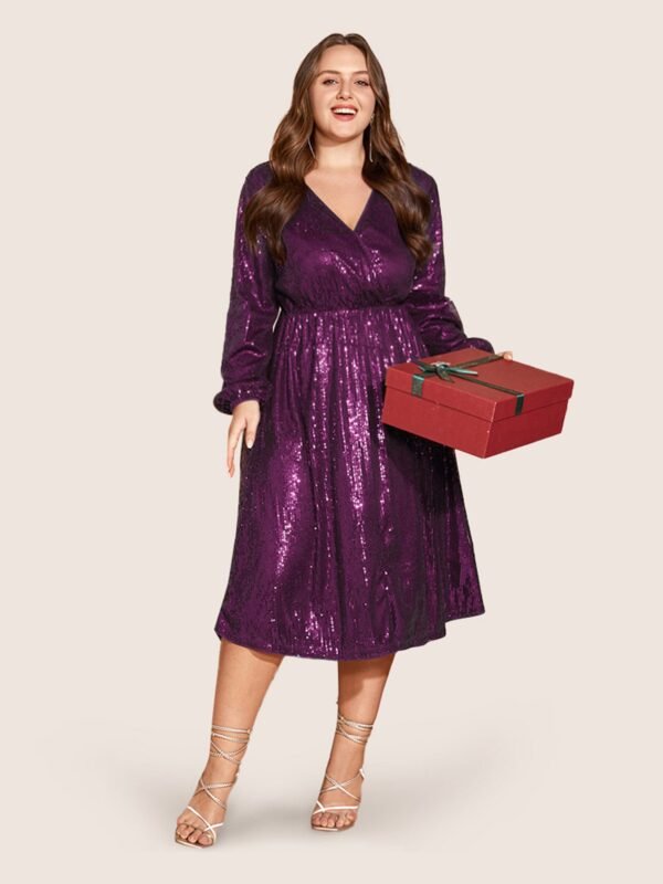 Solid Pocket Lantern Sleeve Wrap Sequin Dress - Image 14
