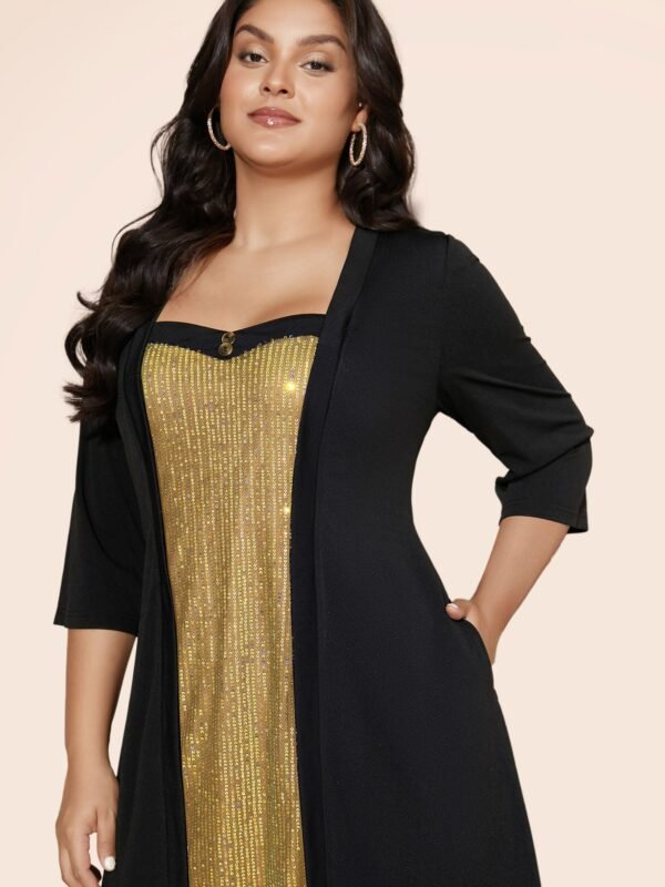 Heart Neckline Patchwork Sequin Button Detail Dress - Image 43