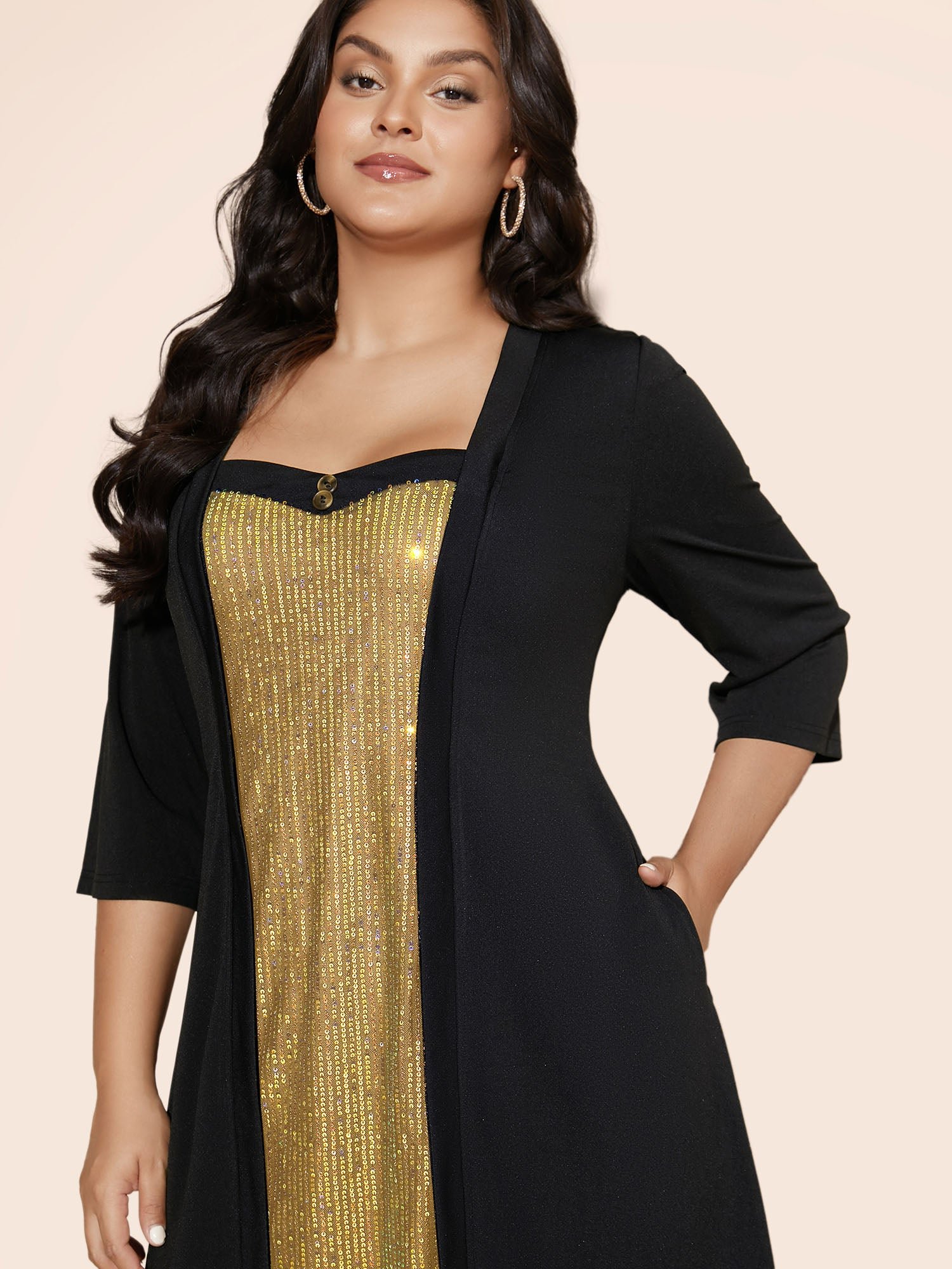 Heart Neckline Patchwork Sequin Button Detail Dress - Image 43