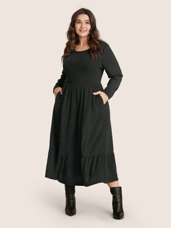Solid Pocket Rib Knit Ruffle Hem Dress Without Belt - Image 69