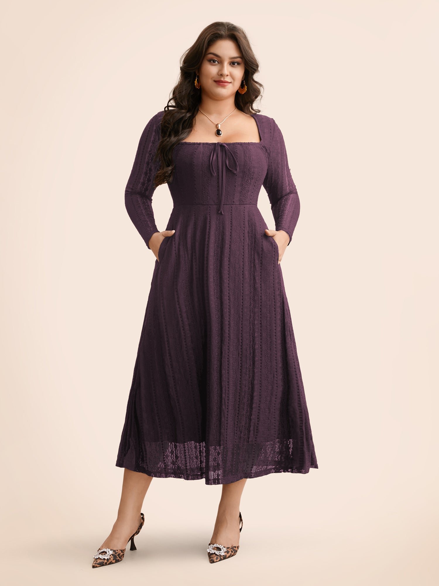 Lace Panel Square Neck Tie Knot Dress - Image 18