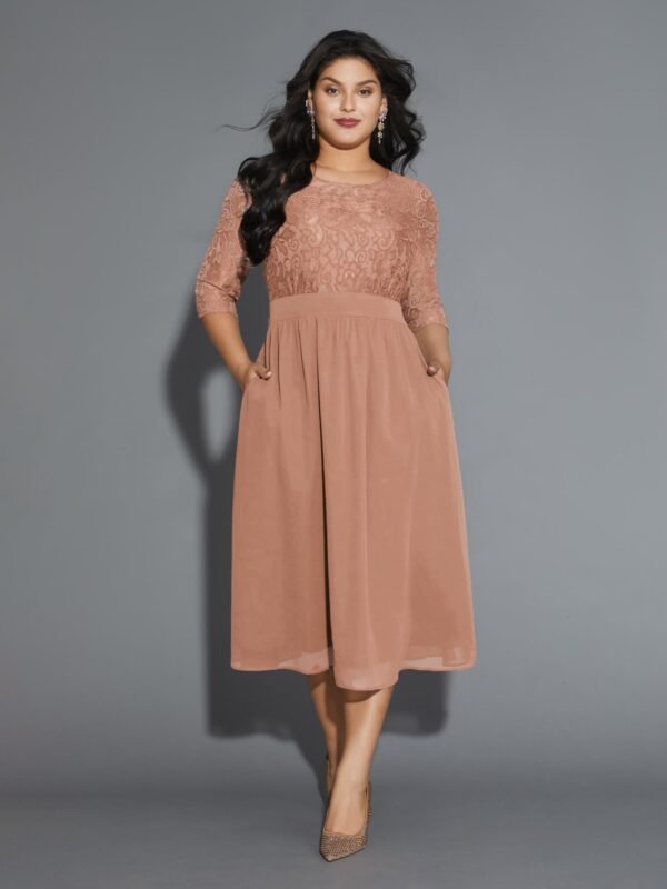 Lace Patchwork Shirred Midi Pocket Dress - Image 46