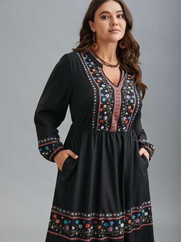 Notched Collar Boho Print Midi Dress - Image 3