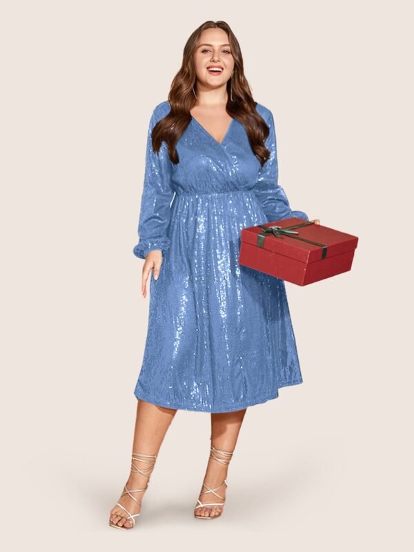 Solid Pocket Lantern Sleeve Wrap Sequin Dress - Image 42