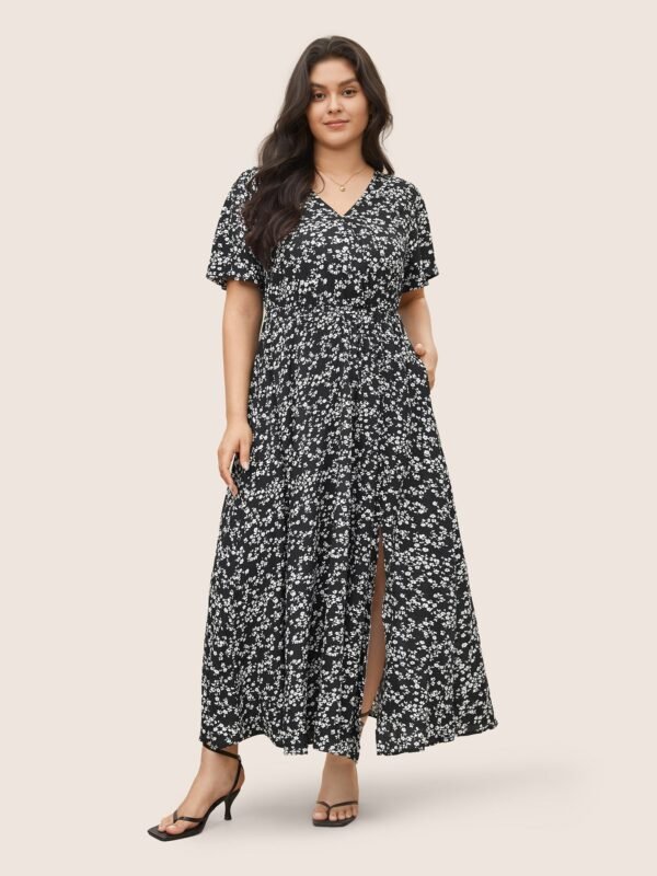Bloom Dress - Flutter Sleeve Ditsy Floral Pocket Split Maxi Dress - Image 13