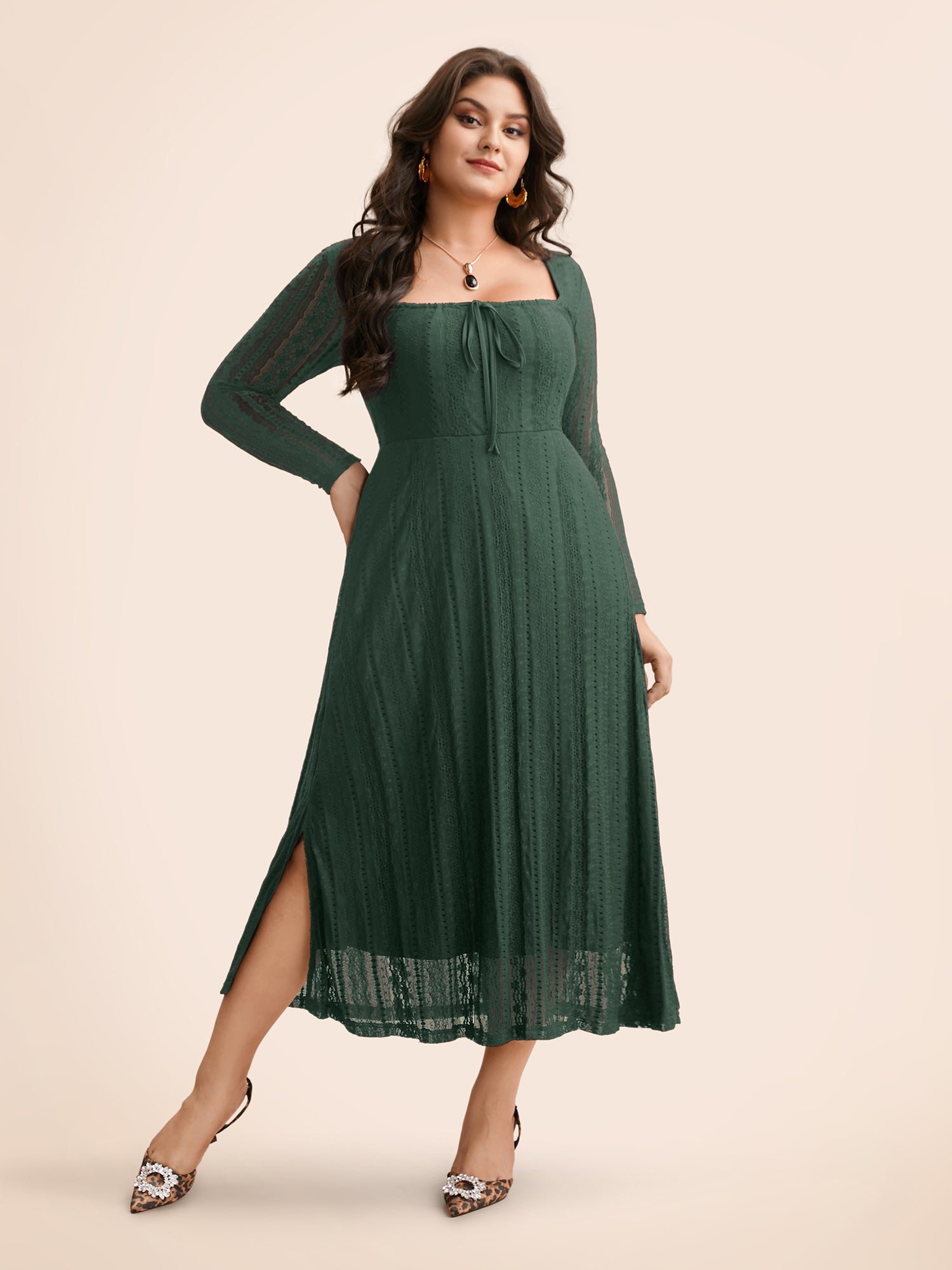Lace Panel Square Neck Tie Knot Dress - Image 8