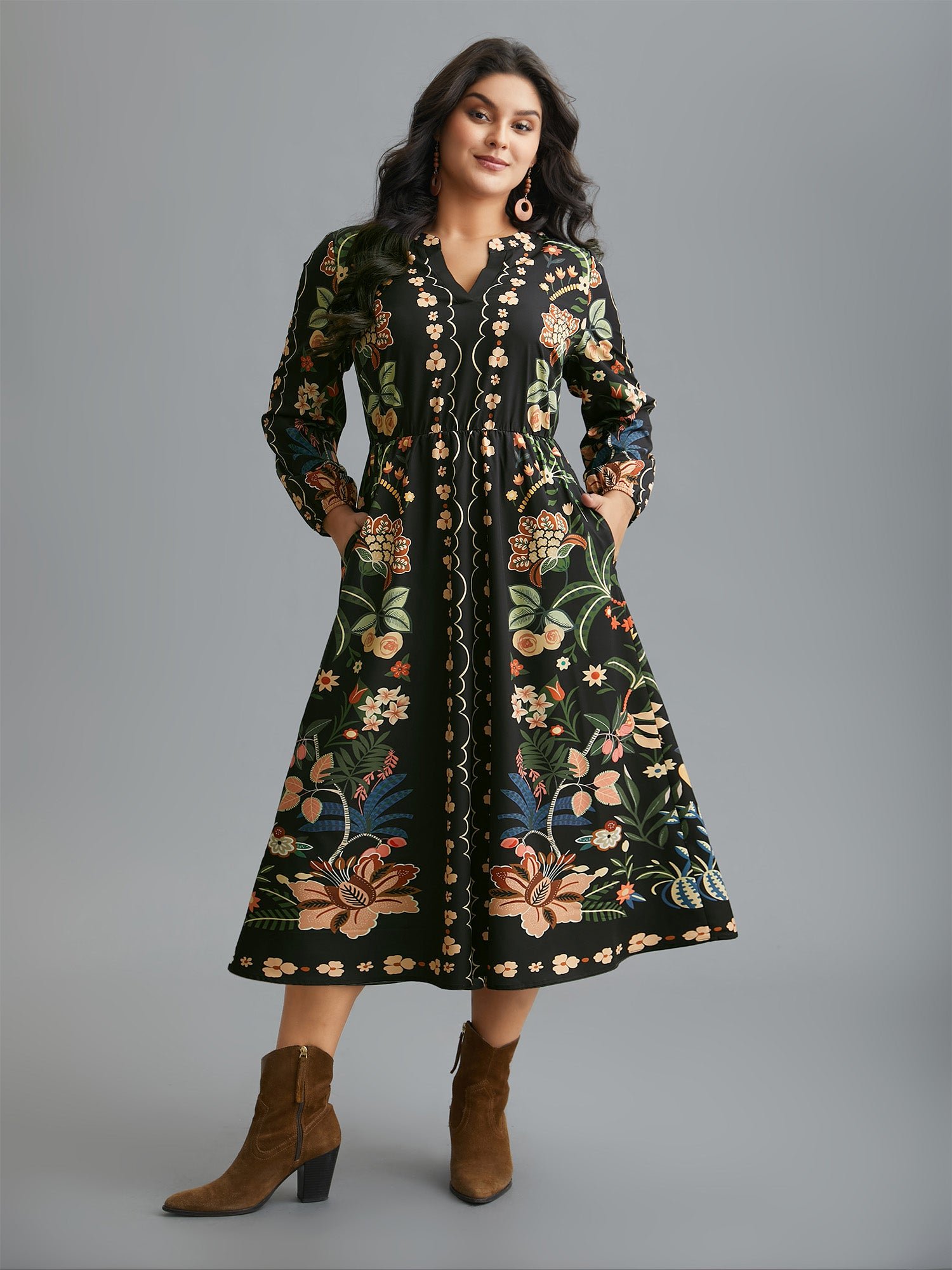 Floral Print Notched Collar Elastic Waist Dress - Image 3