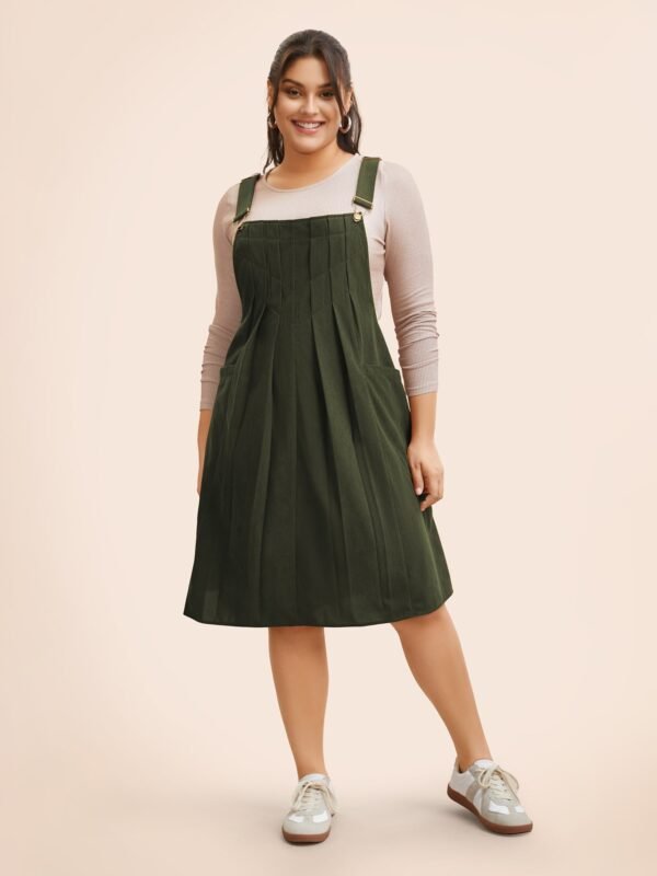 Solid Corduroy Pleated Overall Dress - Image 2