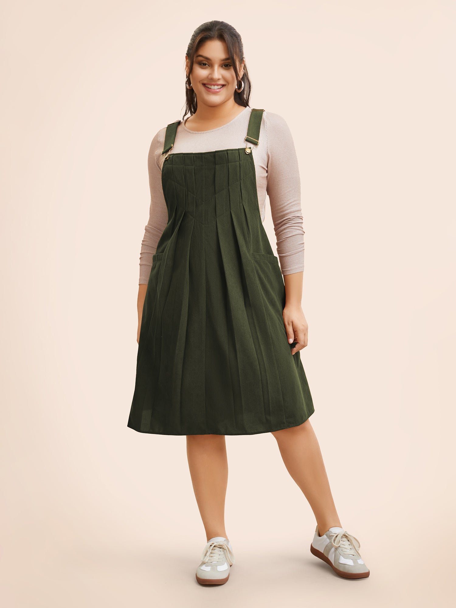 Solid Corduroy Pleated Overall Dress - Image 2