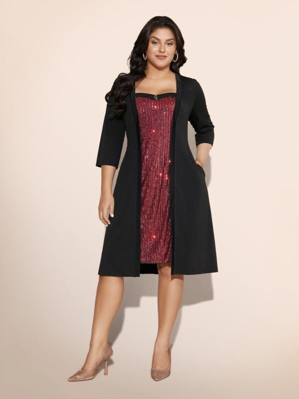 Heart Neckline Patchwork Sequin Button Detail Dress - Image 19