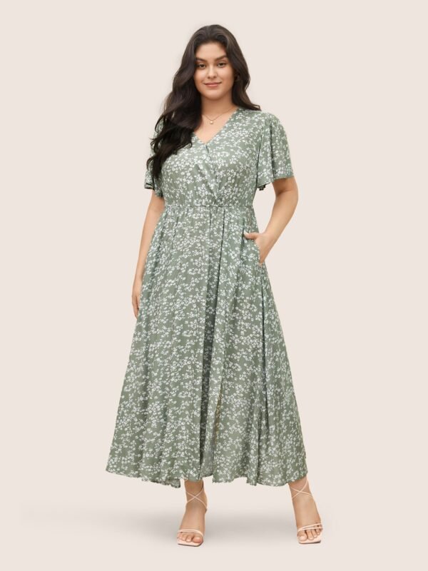 Bloom Dress - Flutter Sleeve Ditsy Floral Pocket Split Maxi Dress - Image 20