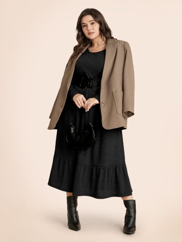 Solid Pocket Rib Knit Ruffle Hem Dress Without Belt - Image 32