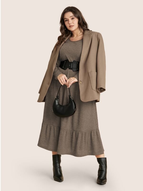Solid Pocket Rib Knit Ruffle Hem Dress Without Belt - Image 64