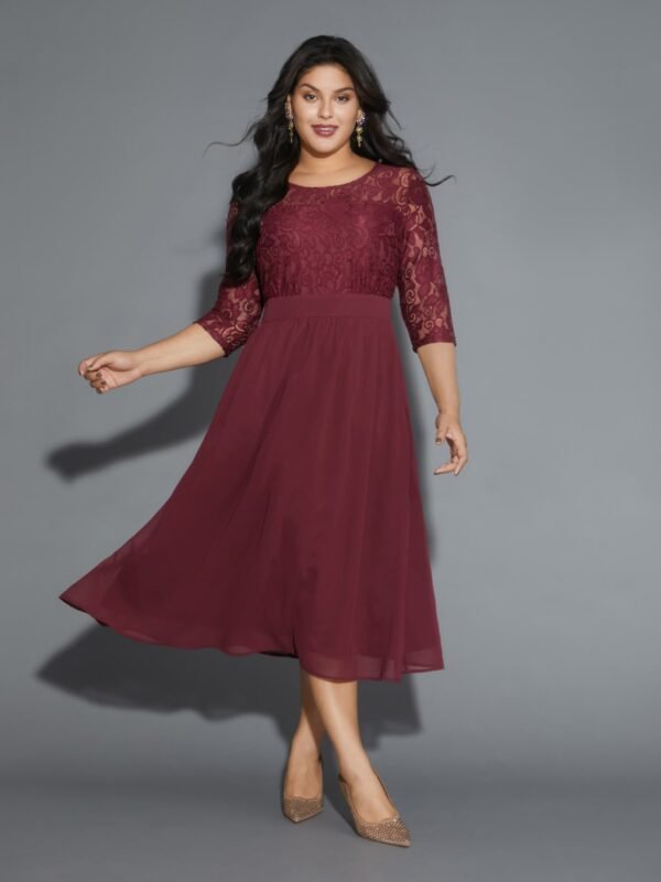 Lace Patchwork Shirred Midi Pocket Dress - Image 13