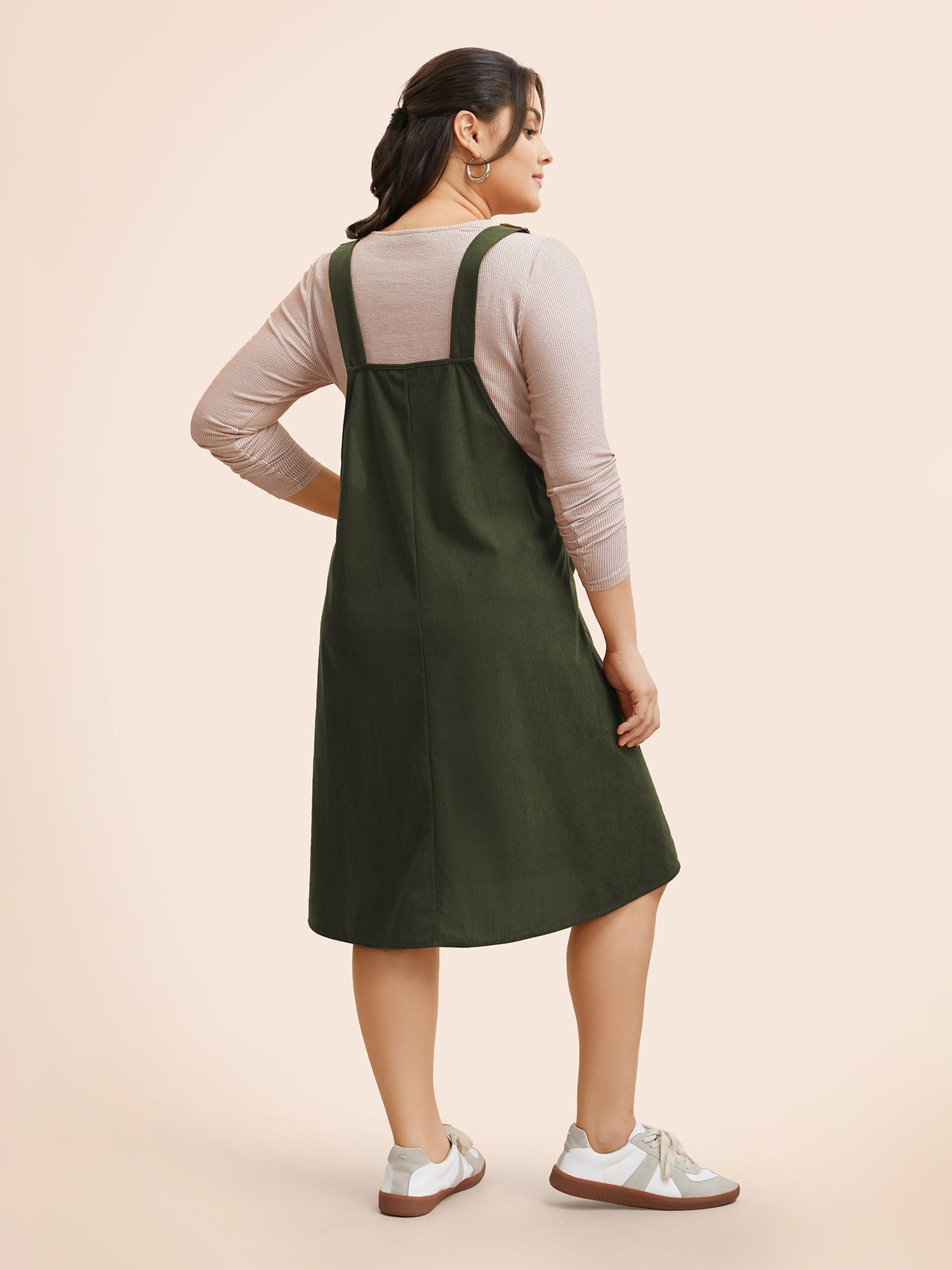 Solid Corduroy Pleated Overall Dress - Image 5