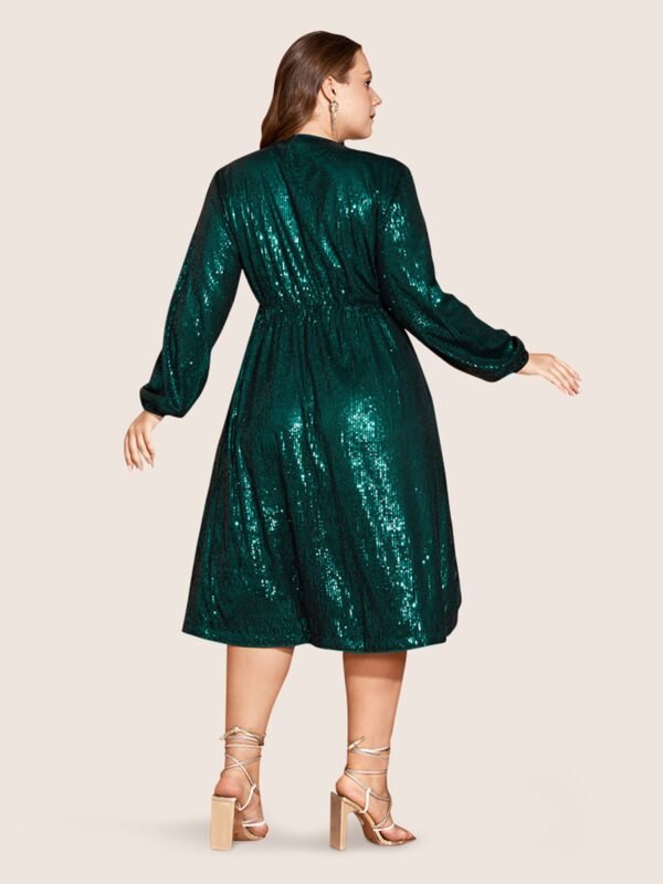 Solid Pocket Lantern Sleeve Wrap Sequin Dress - Image 4