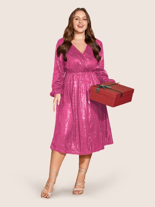 Solid Pocket Lantern Sleeve Wrap Sequin Dress - Image 38