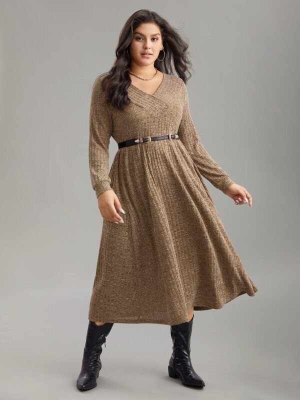 Rib Knit Plain Plisse Long Sleeve Dress - Image 52