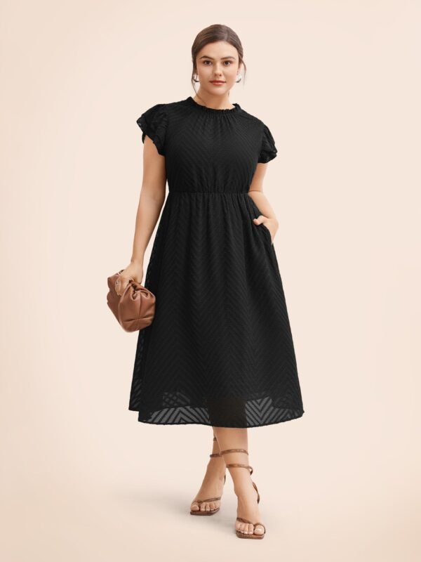 Plain Geometric Layered Sleeve Pocket Ruffle Mock Neck Dress - Image 3
