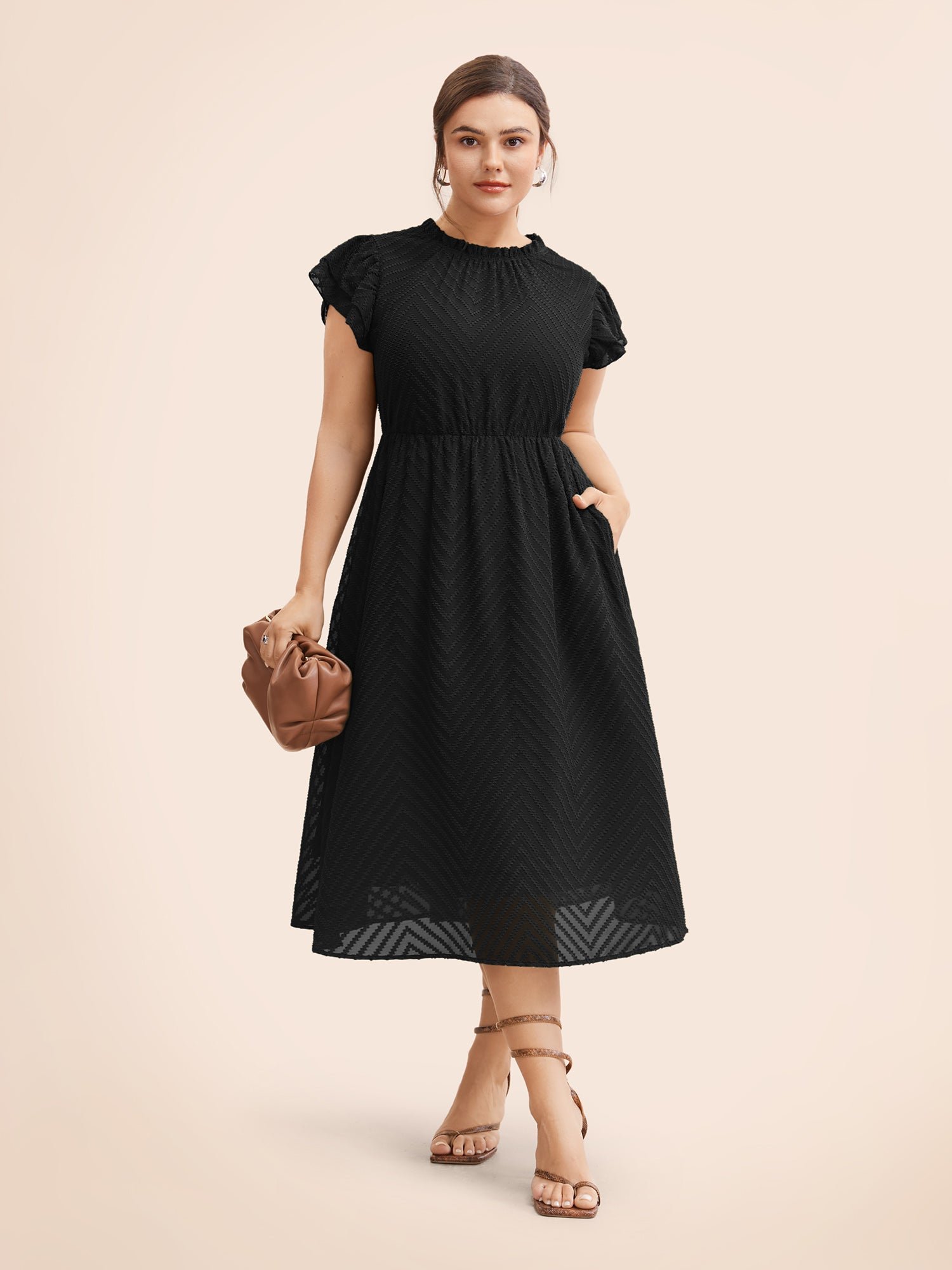 Plain Geometric Layered Sleeve Pocket Ruffle Mock Neck Dress - Image 3
