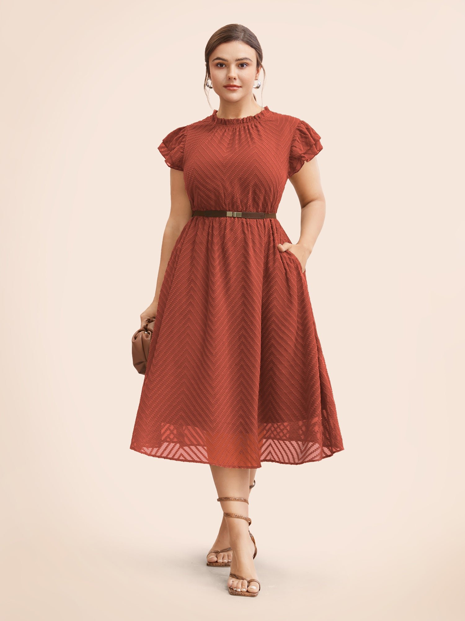 Plain Geometric Layered Sleeve Pocket Ruffle Mock Neck Dress - Image 16