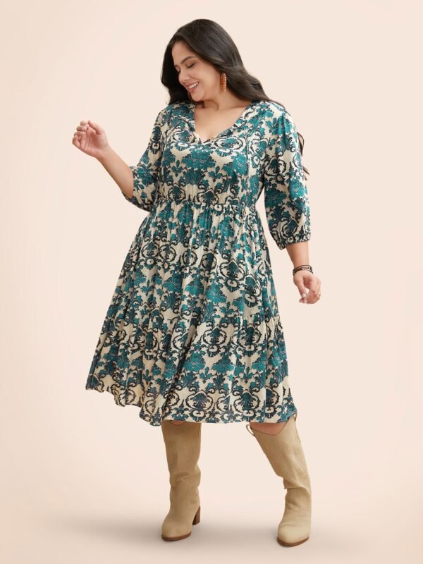 Boho Print Tie Knot Puff Sleeve Dress - Image 26