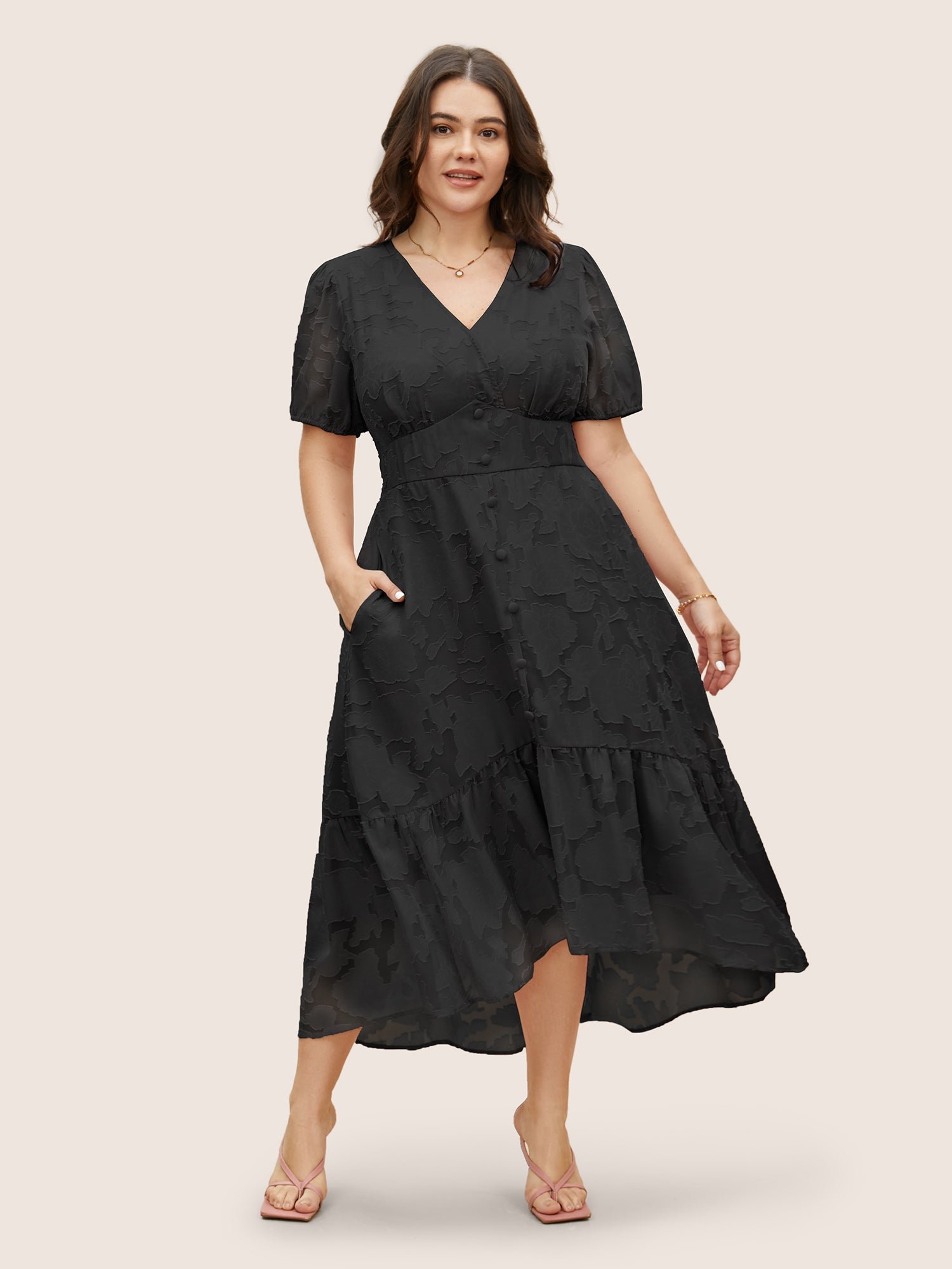 Solid Textured Lantern Sleeve Button Detail Dress - Image 6