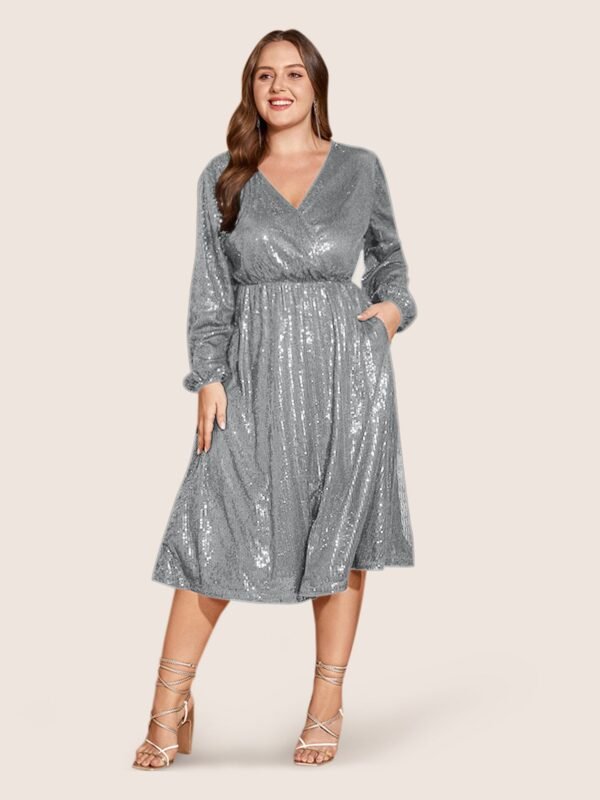 Solid Pocket Lantern Sleeve Wrap Sequin Dress - Image 45