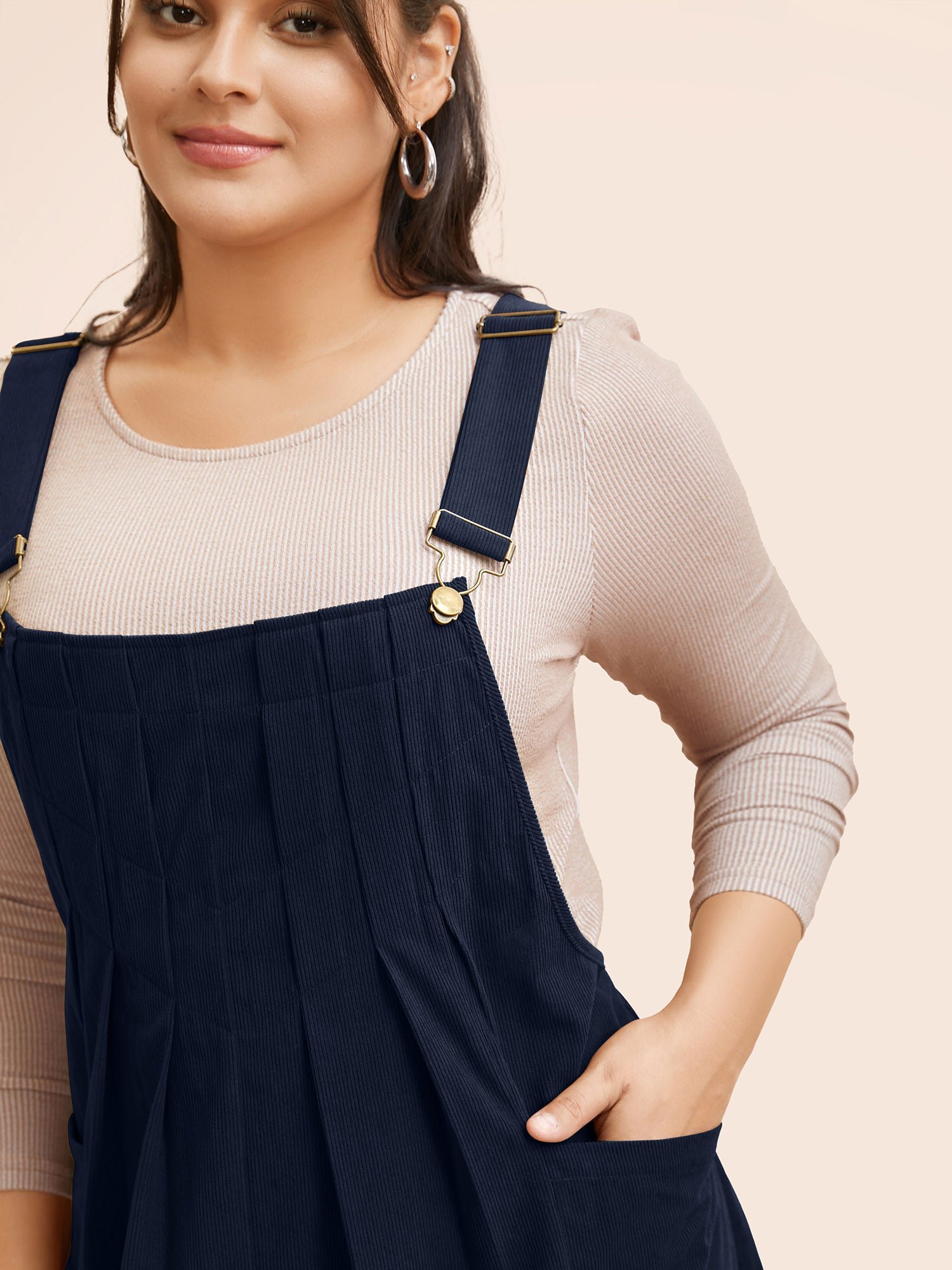 Solid Corduroy Pleated Overall Dress - Image 15