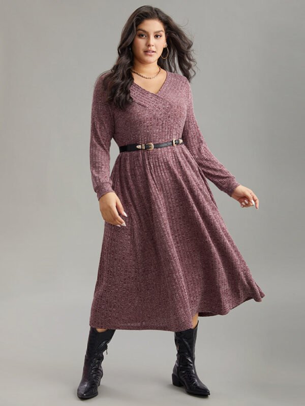 Rib Knit Plain Plisse Long Sleeve Dress - Image 14
