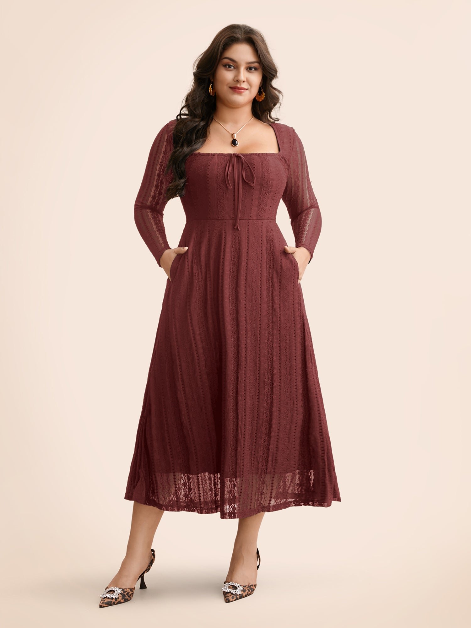Lace Panel Square Neck Tie Knot Dress - Image 14