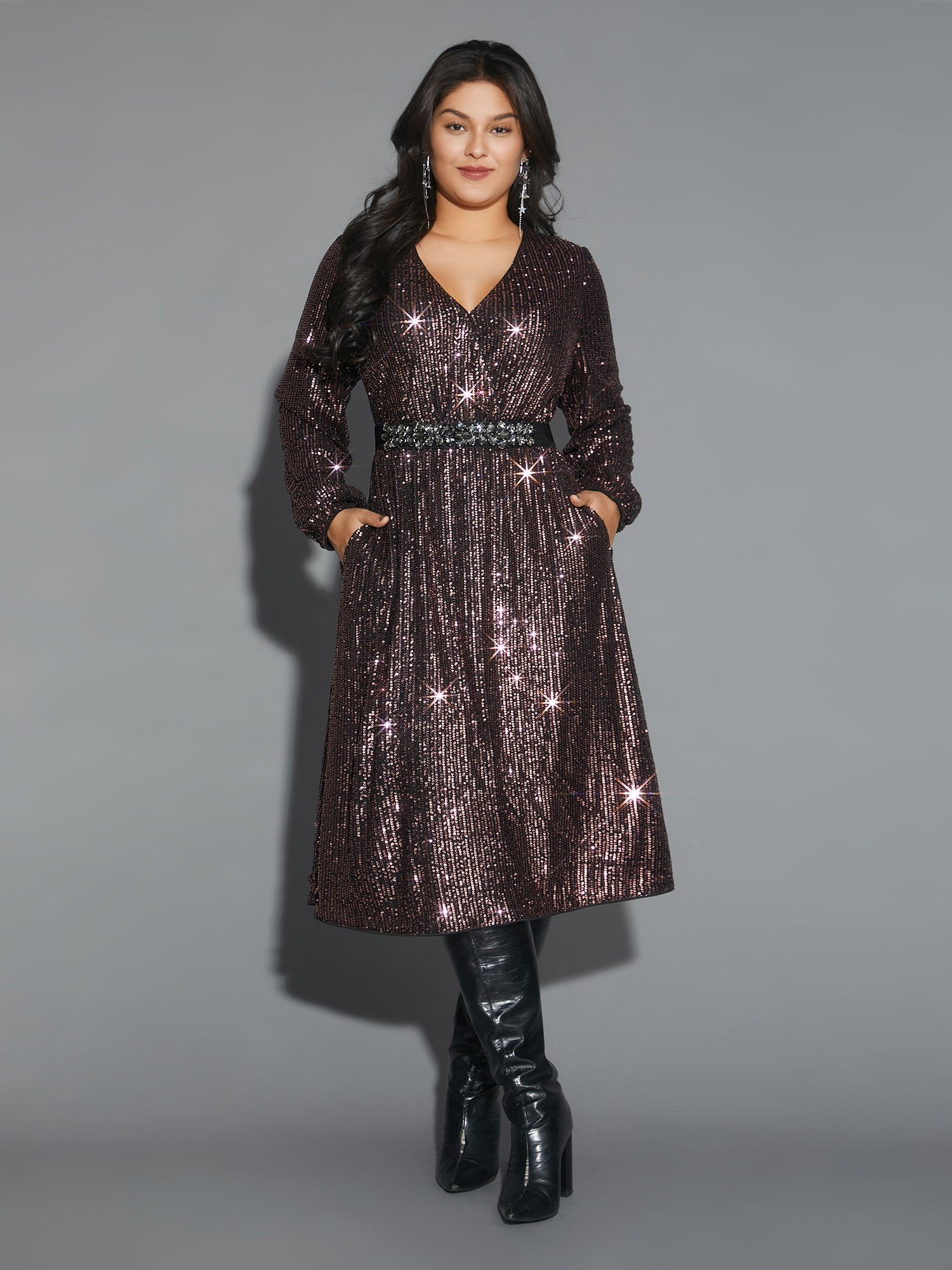 Solid Pocket Lantern Sleeve Wrap Sequin Dress - Image 22