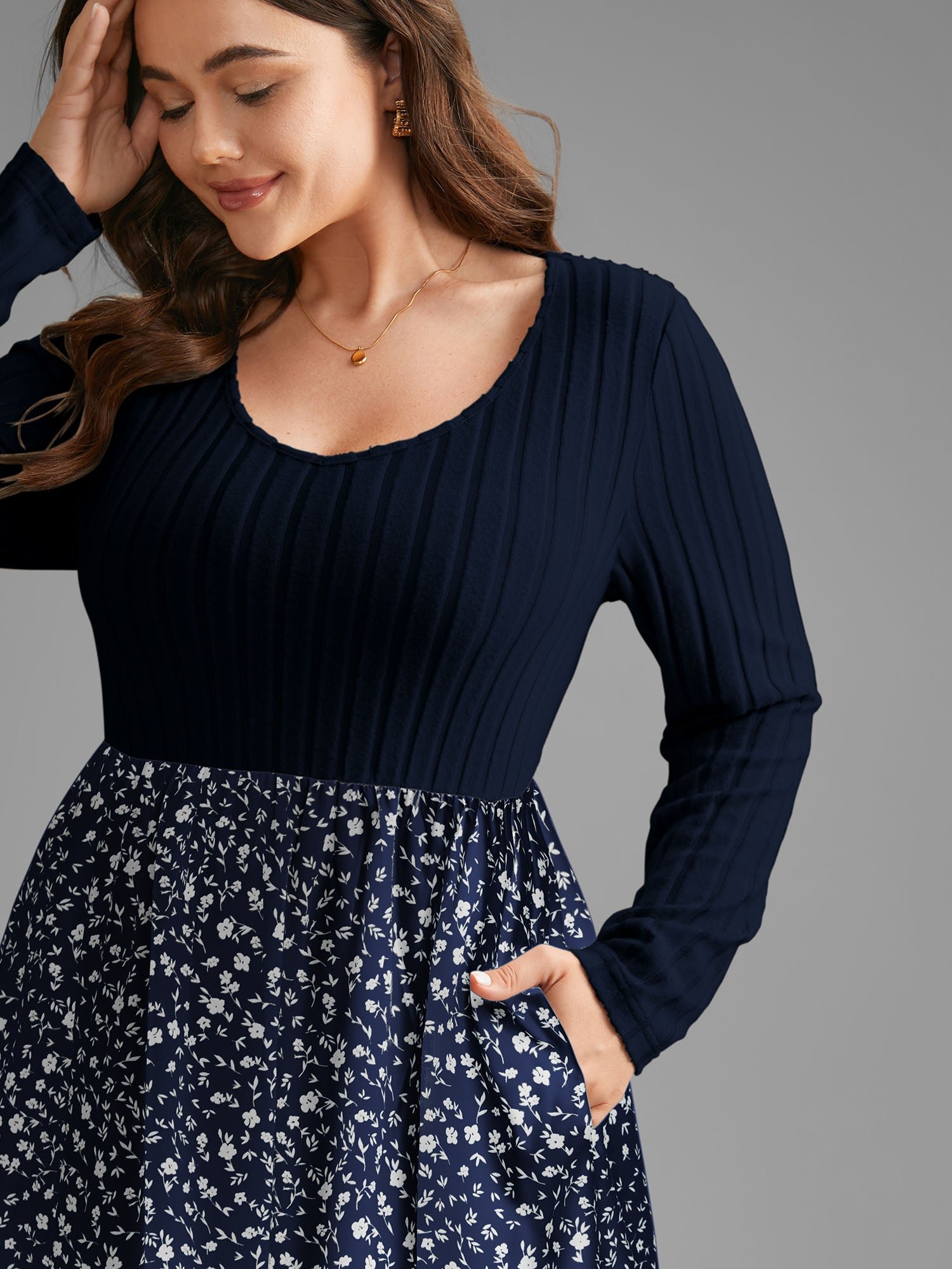 Ditsy Floral Patchwork Texture Midi Dress - Image 8