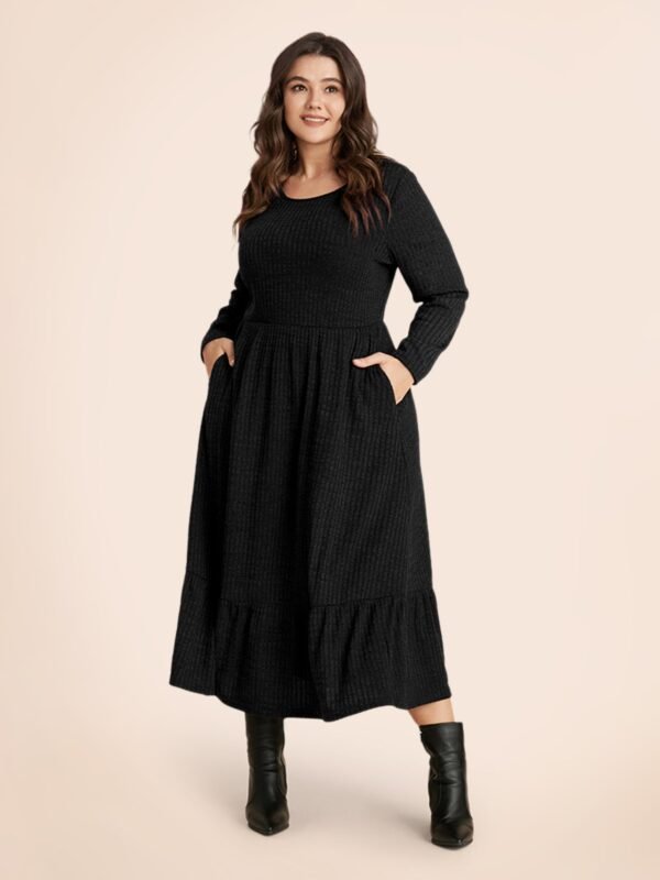 Solid Pocket Rib Knit Ruffle Hem Dress Without Belt - Image 33