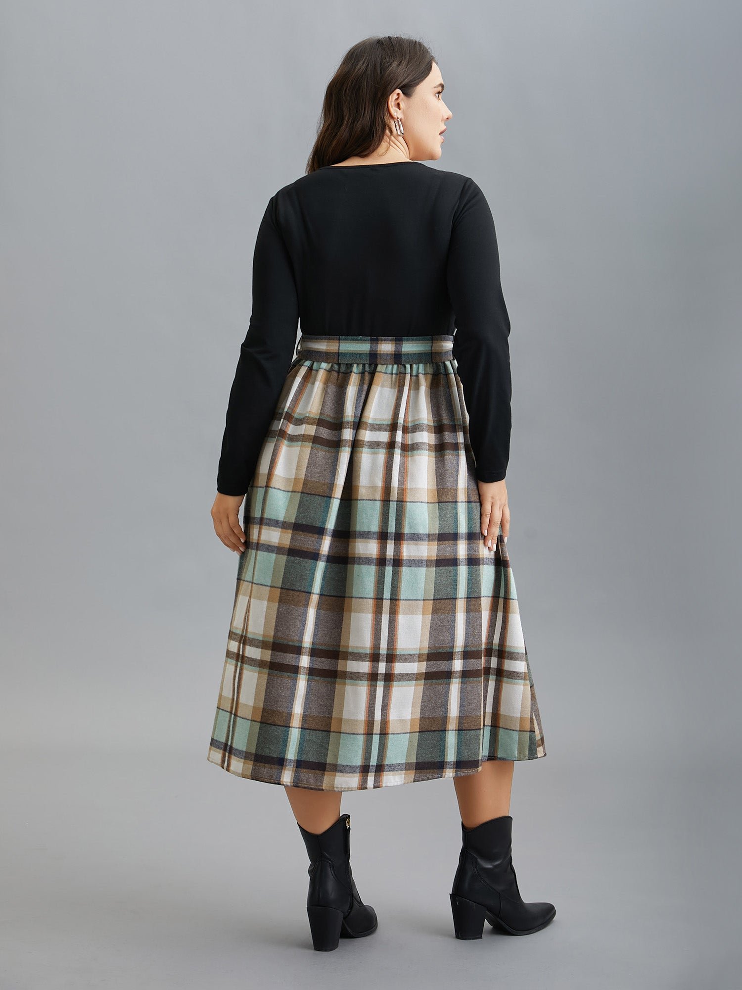 Plaid Patchwork Elastic Waist Belted Dress - Image 11