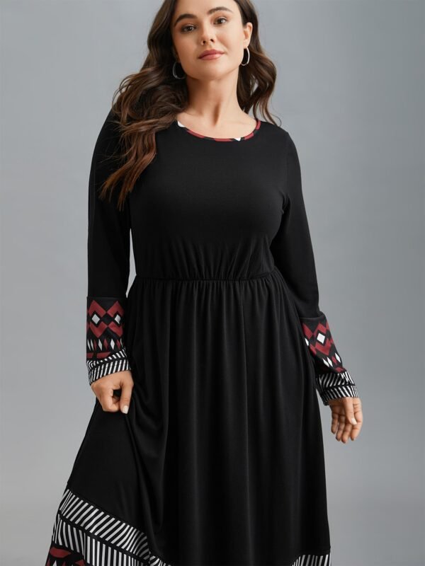 Crew Neck Geometric Print Patchwork Dress - Image 2