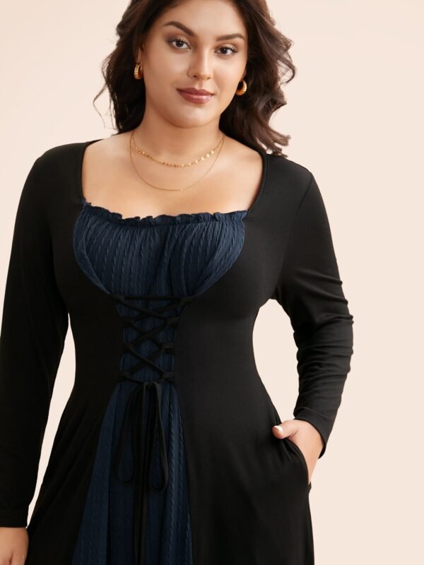 Square Neck Textured Patchwork Crisscross Dress - Image 3