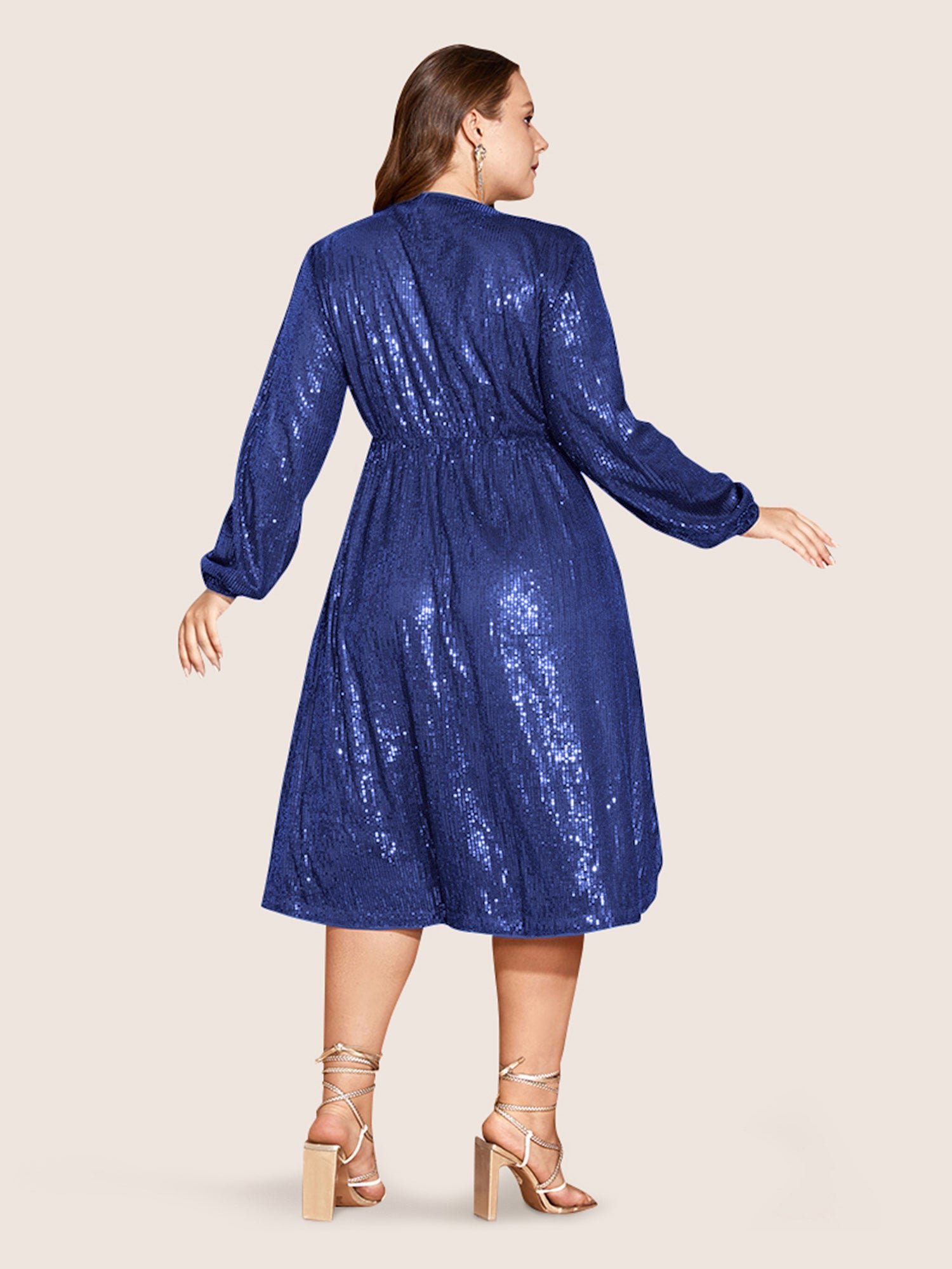 Solid Pocket Lantern Sleeve Wrap Sequin Dress - Image 36