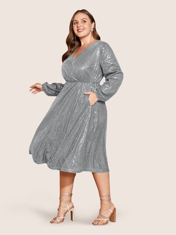 Solid Pocket Lantern Sleeve Wrap Sequin Dress - Image 47