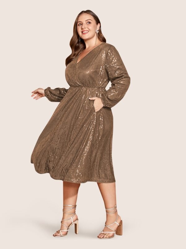 Solid Pocket Lantern Sleeve Wrap Sequin Dress - Image 31
