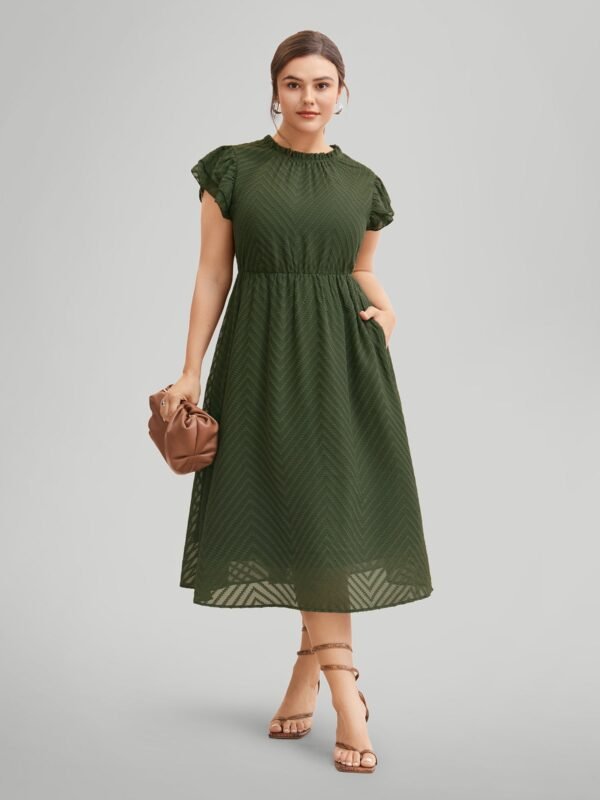 Plain Geometric Layered Sleeve Pocket Ruffle Mock Neck Dress - Image 7