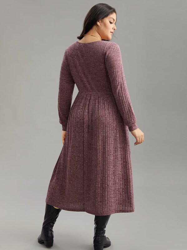 Rib Knit Plain Plisse Long Sleeve Dress - Image 16